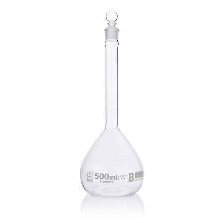 Globe Scientific Flask, Volumetric , Globe Glass, 500mL, Class B, To Contain (TC), ASTME288, 6/Box 8250500